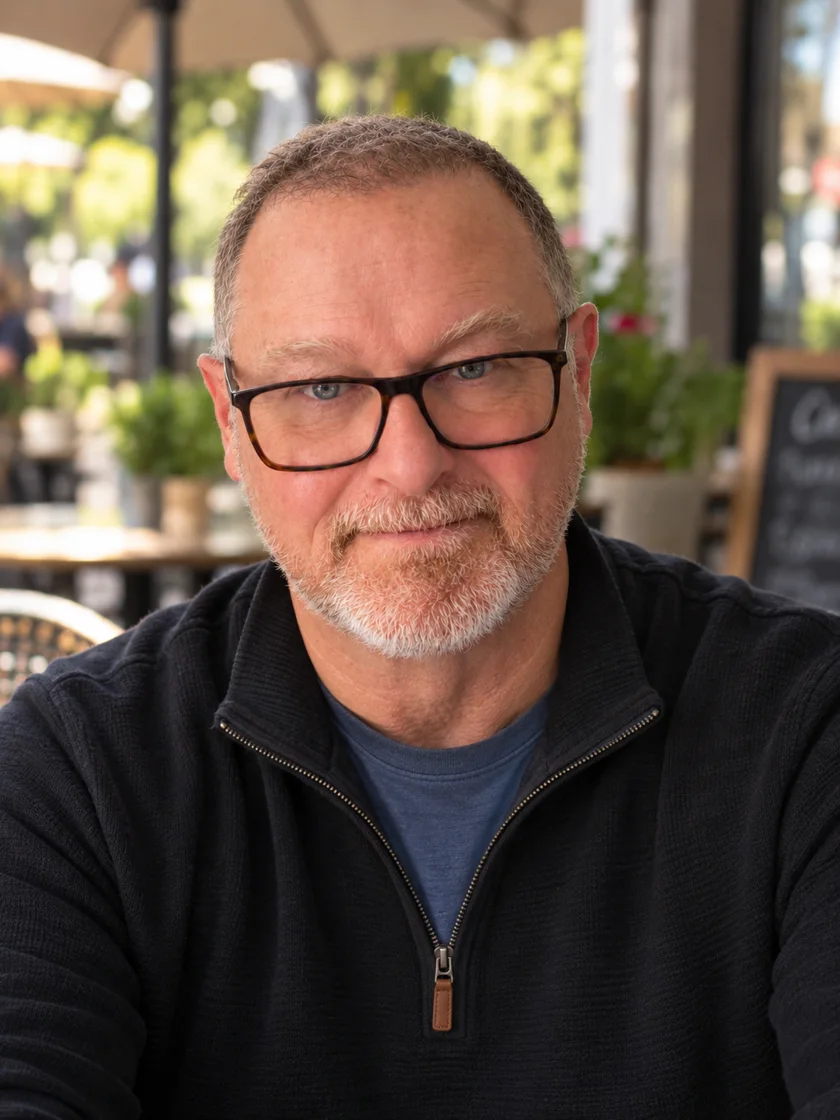 Larry today, smiling at an outdoor café